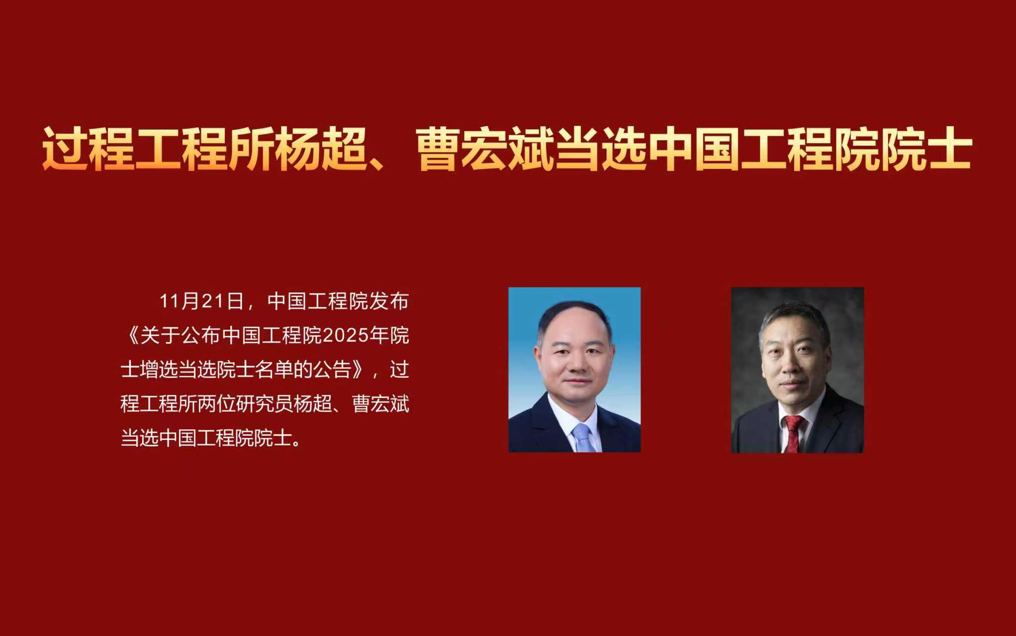 过程工程所杨超、曹宏斌当选中国工程院院士